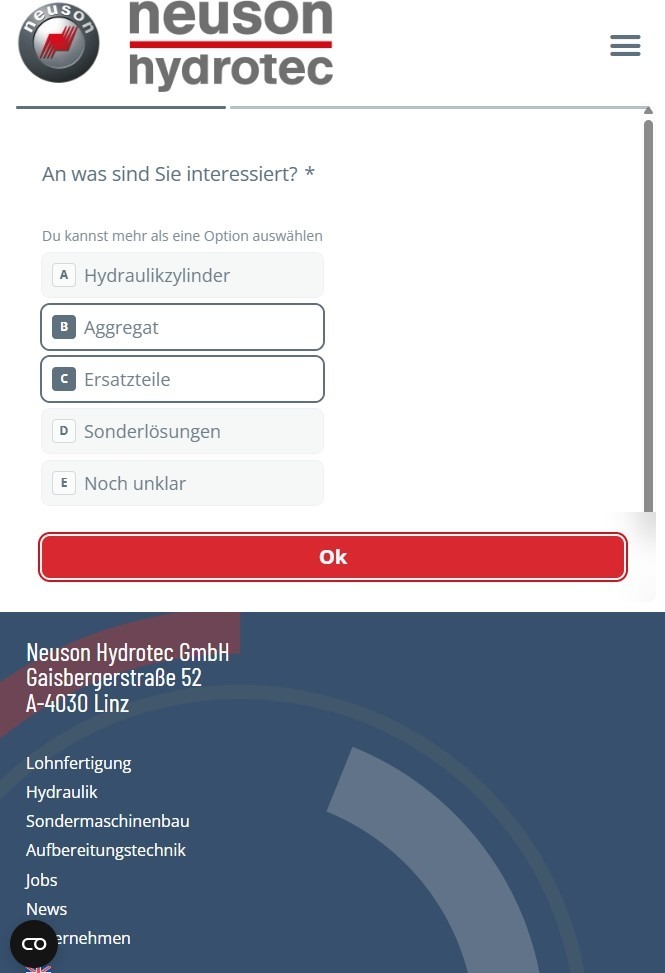 Neuson Hydrotec Anfrageformular mit Auswahl je Business Unit