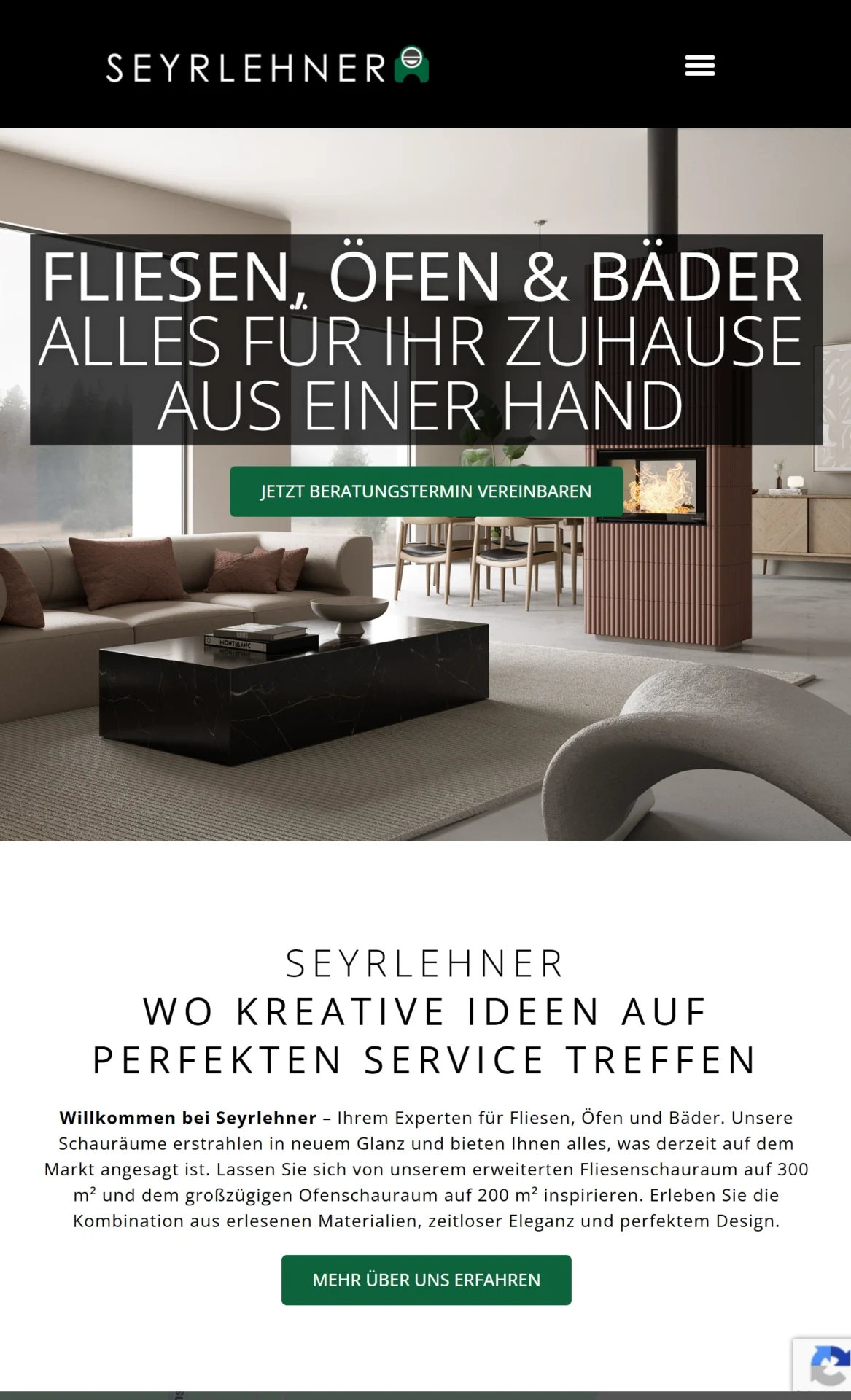 Seyrlehner Website mit klar strukturierter Leistungsübersicht