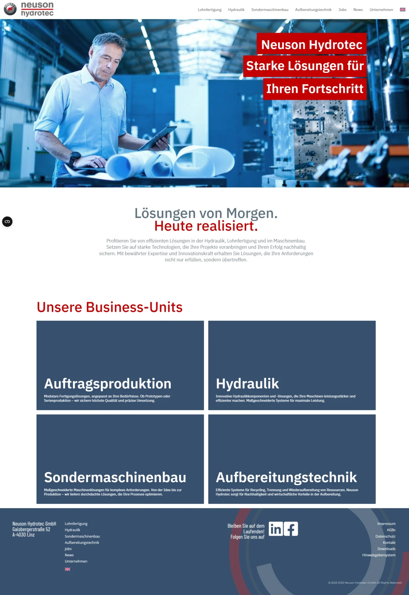 Neuson Hydrotec Website mit 4 Business Units Übersicht